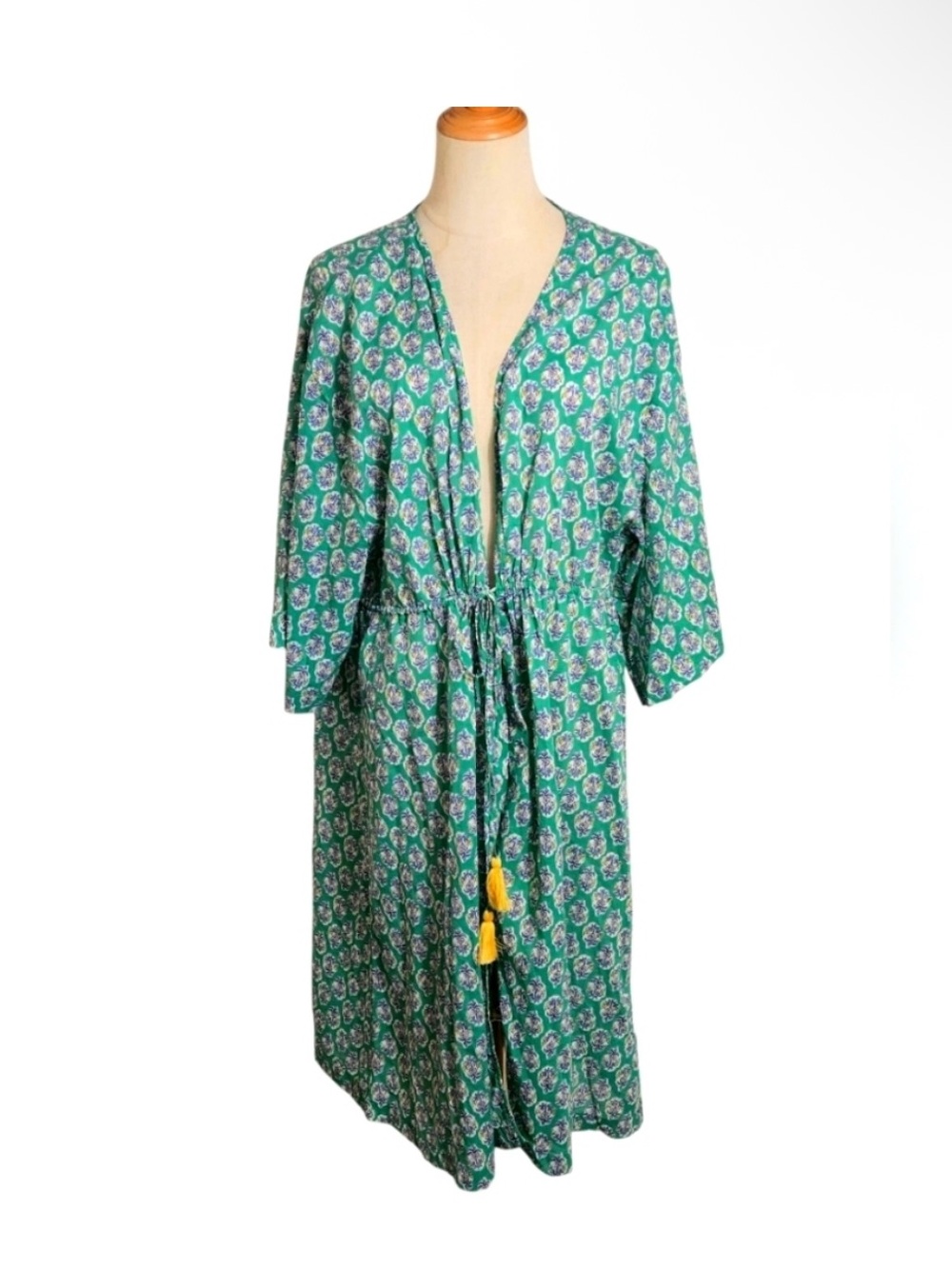 J. Crew Green Floral Print 100% Cotton Beach Coverup with Tassel Tie Waist- L